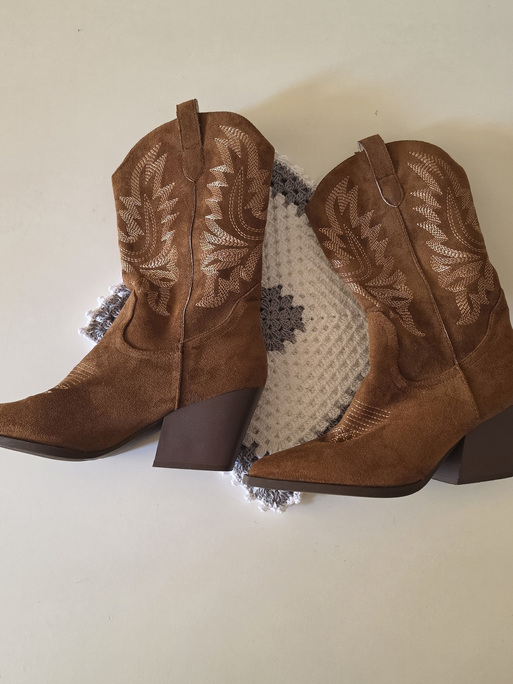 SHEIN Suede Embroidered Western Ankle Boots in Brown